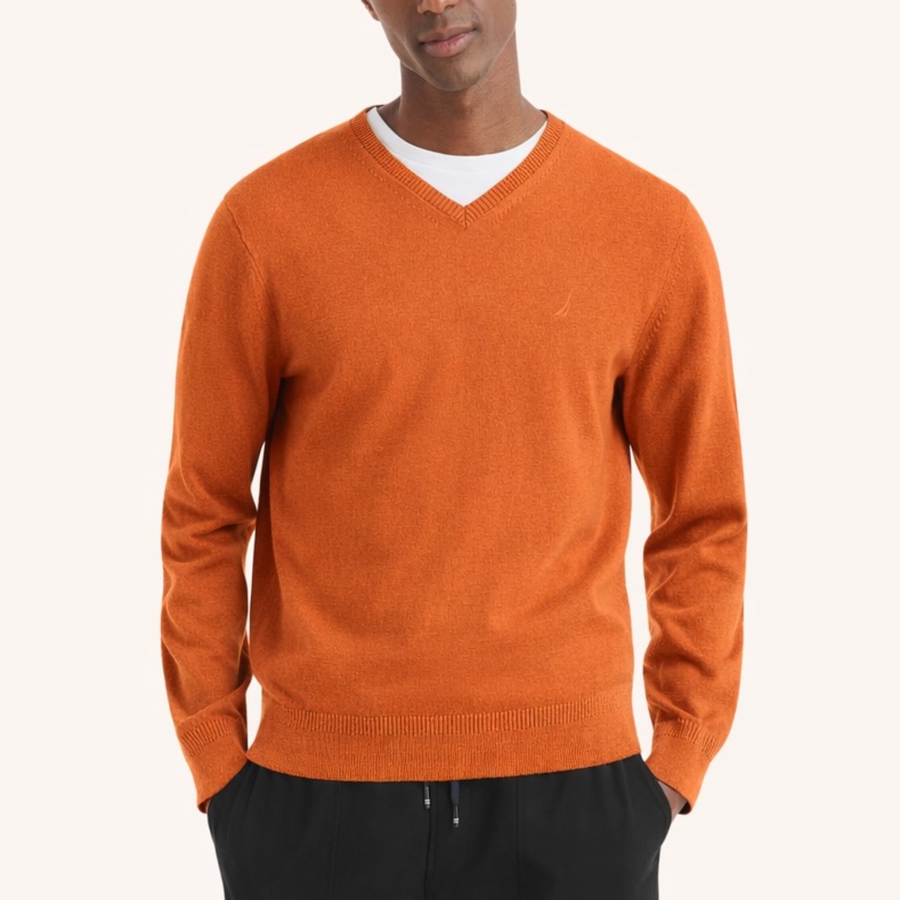 Nautica Men's V-Neck Classic Sweater in Burnt Orange Large